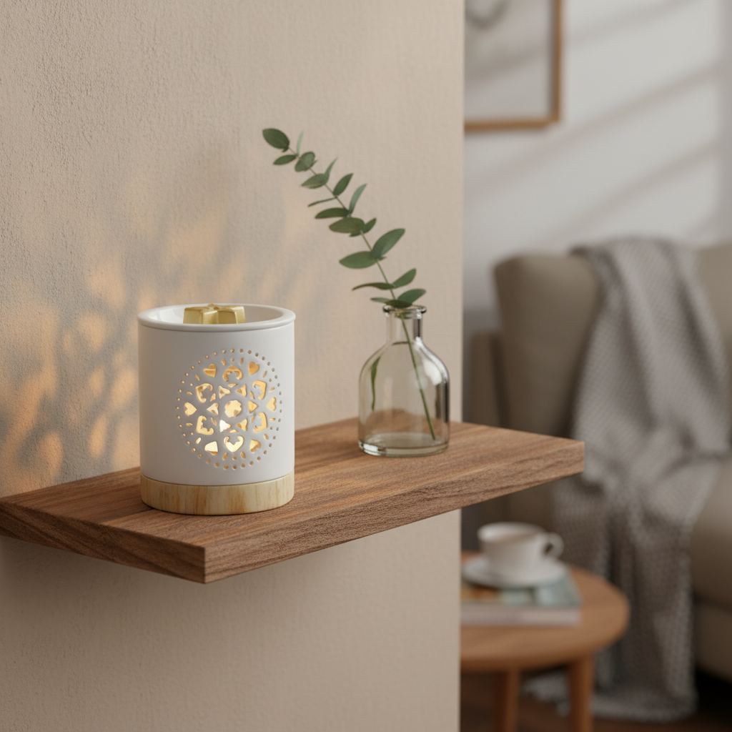 A white ceramic candle holder with a gold-toned circular cutout pattern and a light wood base, displayed on a floating wooden shelf next to a small glass vase with a green sprig. The background shows a softly blurred cozy living room setting.